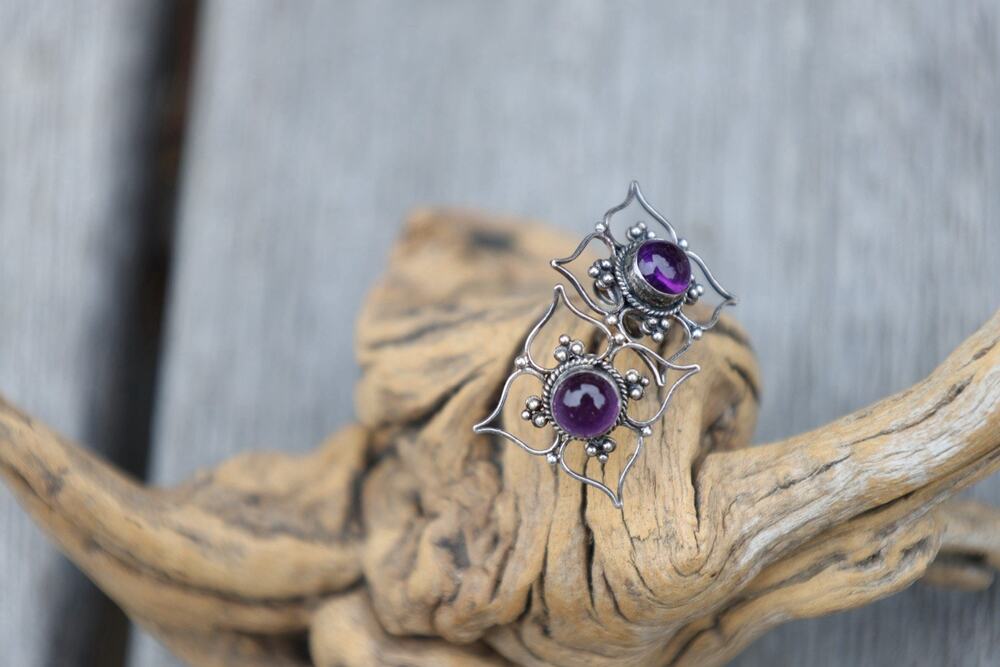 Amethyst Color Earrings Purple Cabochon Bali Style Ornate Boho Sterling Silver